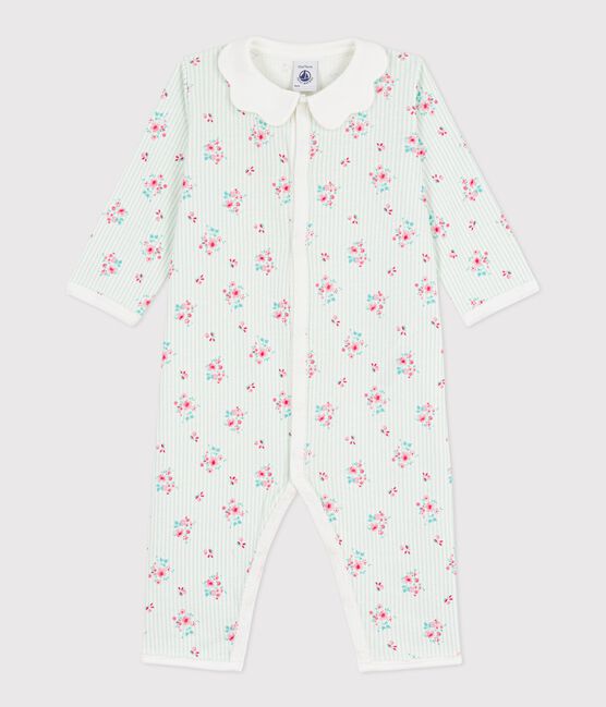 Pijama sin pies de algodón con cuello y estampado de flores para bebé blanco MARSHMALLOW/blanco MULTICO