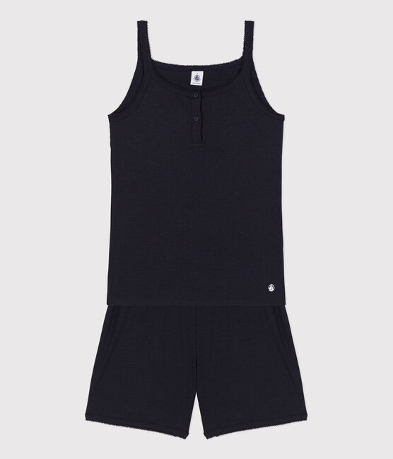 Pijama corto y liso de tirantes de algodón y lyocell para mujer azul SMOKING