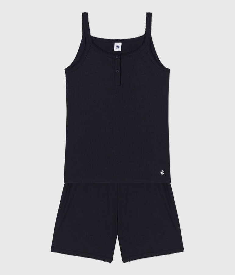 Pijama corto y liso de tirantes de algod&oacute;n y lyocell para mujer azul