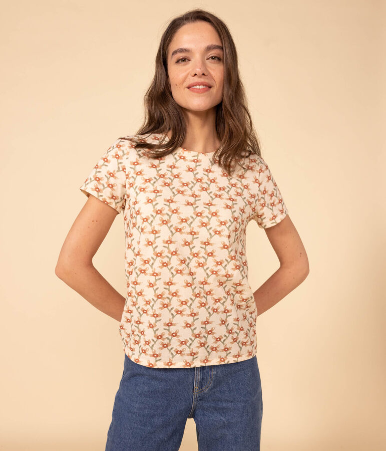 Camiseta LA RECTA de algod&oacute;n con cuello redondo para mujer crudo/multicolor