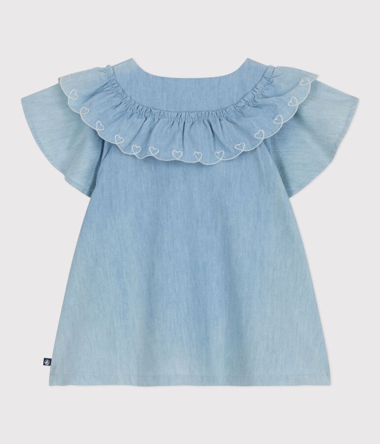 Blusa infantil lisa de manga corta de algod&oacute;n azul BLEU CLAIR