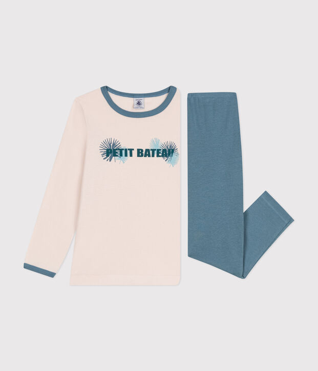 Pijama de manga larga de ni&ntilde;a de algod&oacute;n beige/azul