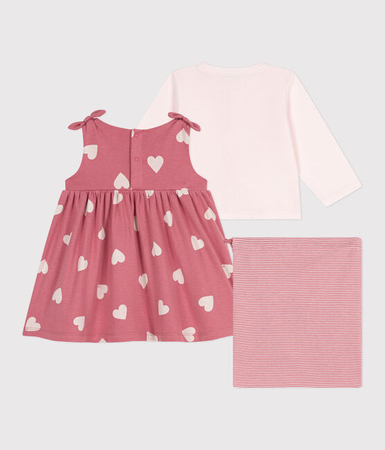 Conjunto de dos piezas de algodón con cárdigan liso y vestido estampado para bebé rosa ROSEWOOD/ MULTICO