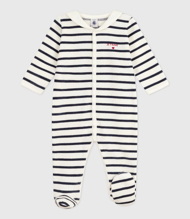 Pijama beb&eacute; de Terciopelo estampado a rayas blanco/azul