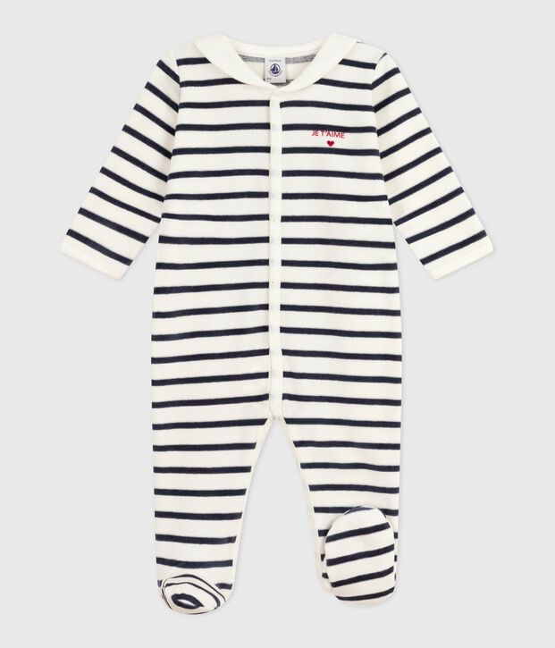 Pijama de terciopelo estampado a rayas para beb&eacute; blanco/azul