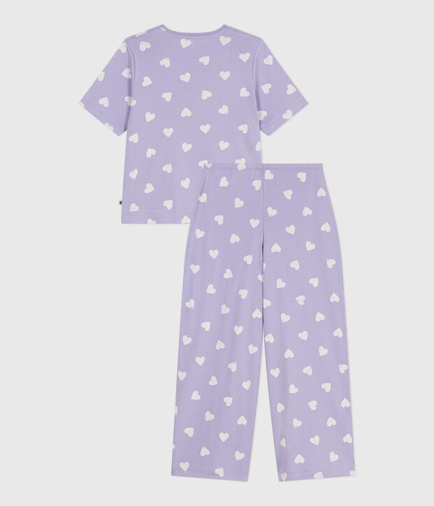Pijama de mujer de algod&oacute;n con estampado de corazones, manga corta y perneras anchas violeta/blanco