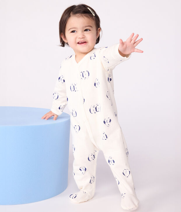 Pijama de beb&eacute; en felpa perchada con estampado animal de ping&uuml;ino y cuello de p&eacute;talos crudo/multicolor