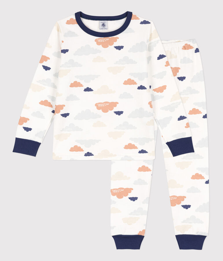 Pijama de felpa de algod&oacute;n con nubes para ni&ntilde;o/ni&ntilde;a blanco/multicolor