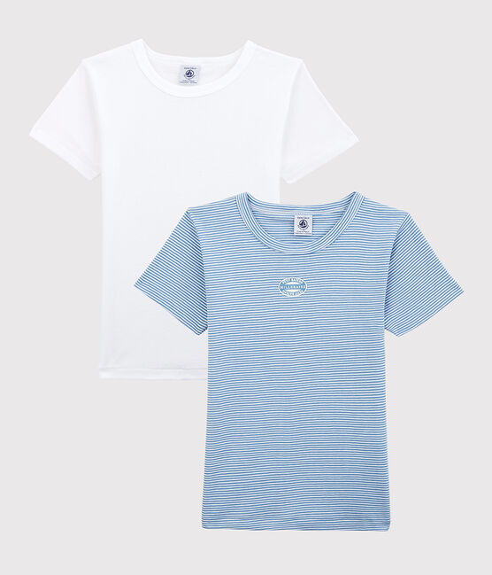 Lote de 2 camisetas de manga corta de mil rayas azules de algodón ecológico de niño variante 1