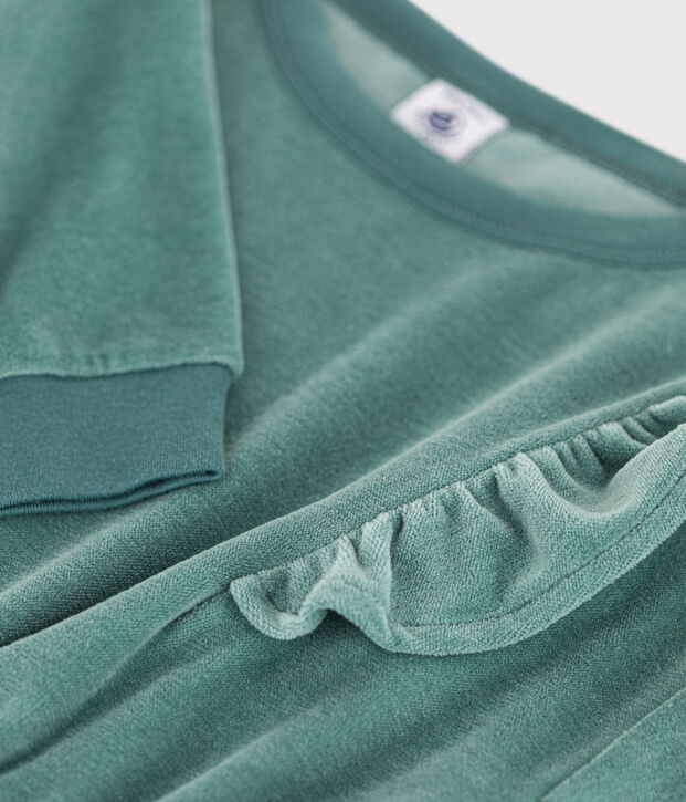 Vestido de manga larga de rizo de terciopelo liso de ni&ntilde;a verde