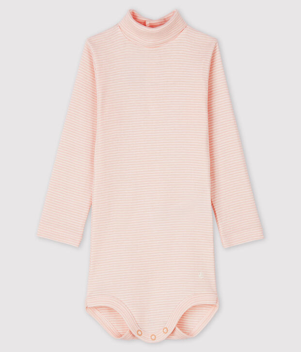 Bodi de manga larga con cuello de tortuga para beb&eacute; rosa/blanco