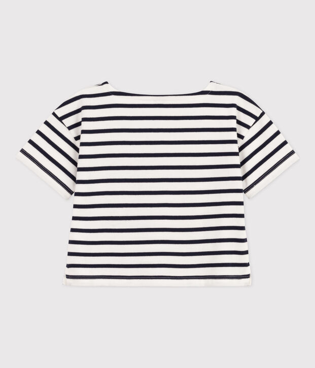 Camiseta de manga corta de algod&oacute;n a rayas para ni&ntilde;a blanco/azul