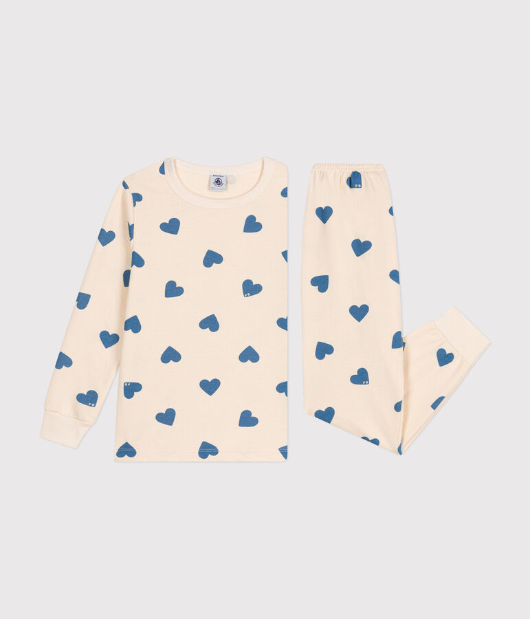 Pijama infantil de felpa cepillada con estampado de corazones crudo/azul