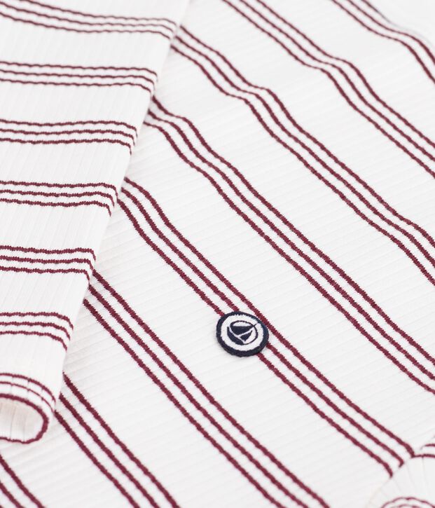 Camiseta de manga larga de algod&oacute;n a rayas con cuello almirante para mujer blanco/rojo