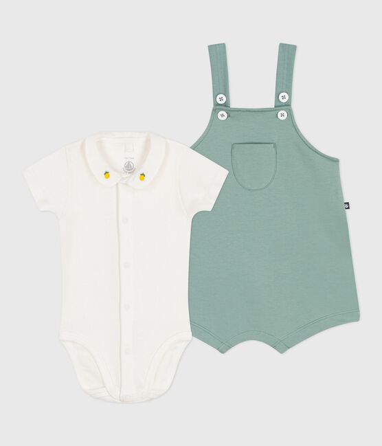 Conjunto de peto y body bordado de algodón liso para recién nacido verde PAUL