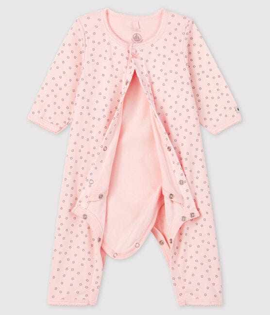 Bodi pijama sin pies con pequeñas estrellas de bebé niña de algodón orgánico rosa FLEUR/gris CONCRETE