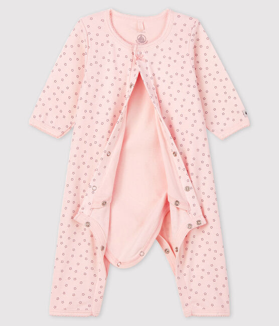 Bodi pijama sin pies con pequeñas estrellas de bebé niña de algodón orgánico rosa FLEUR/gris CONCRETE