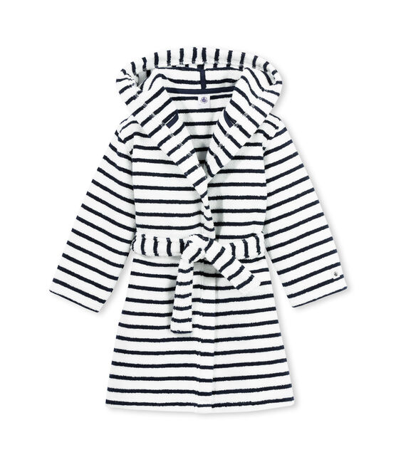 Albornoz de toalla de rizo blanco LAIT/azul MEDIEVAL