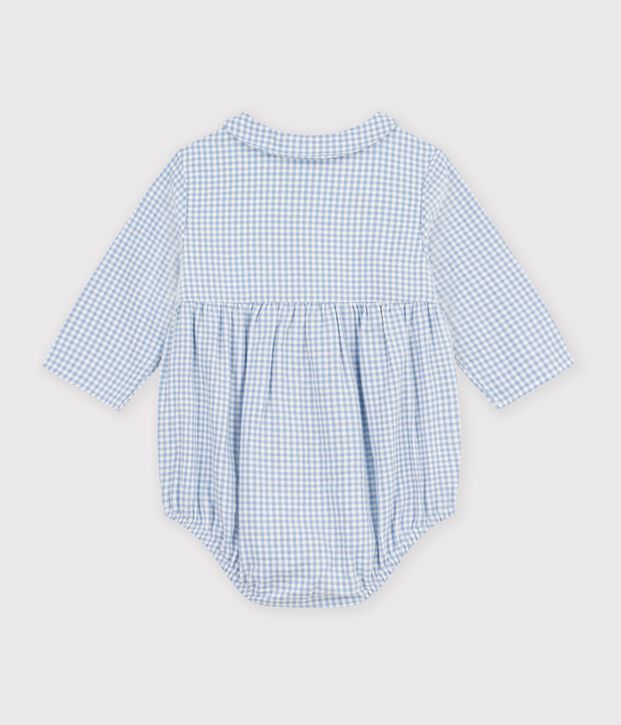 Mono corto de algod&oacute;n con cuello con estampado vichy para beb&eacute; azul/blanco