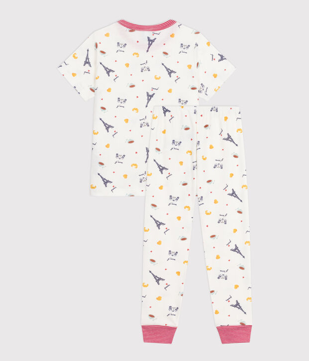 Pijama infantil de algod&oacute;n de manga corta y pierna larga con estampado blanco/multicolor