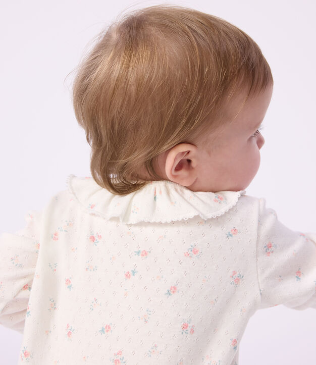 Pijama sin pies de algod&oacute;n calado con cuello estampado de flores para beb&eacute; blanco/multicolor