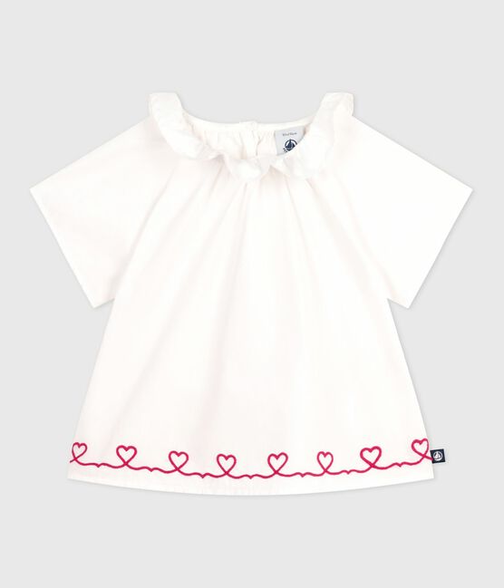 Blusa de popelina de algodón de manga corta con bordado de corazones para bebé blanco ECUME