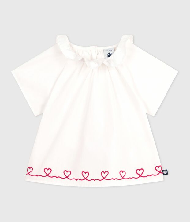 Blusa de popelina de algod&oacute;n de manga corta con bordado de corazones para beb&eacute; blanco
