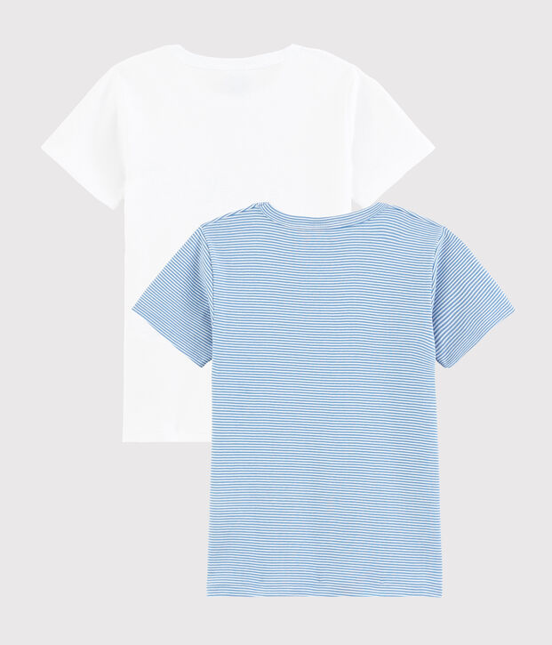 Juego de 2 camisetas de manga corta de milrayas azules de algod&oacute;n ecol&oacute;gico para ni&ntilde;o peque&ntilde;o multicolor