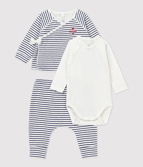 Conjunto de 3 prendas a rayas de bebé de algodón orgánico blanco MARSHMALLOW/azul SMOKING
