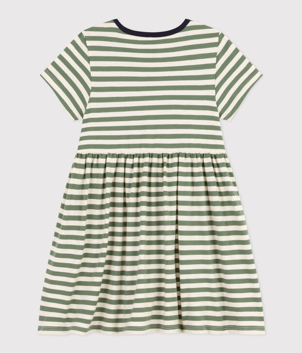 Vestido de manga corta de algod&oacute;n a rayas para ni&ntilde;a verde/crudo
