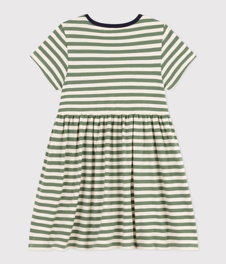 Vestido de manga corta de algod&oacute;n a rayas para ni&ntilde;a verde/crudo