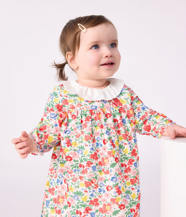 Vestido de algod&oacute;n de manga larga con estampado de flores para beb&eacute; blanco/multicolor