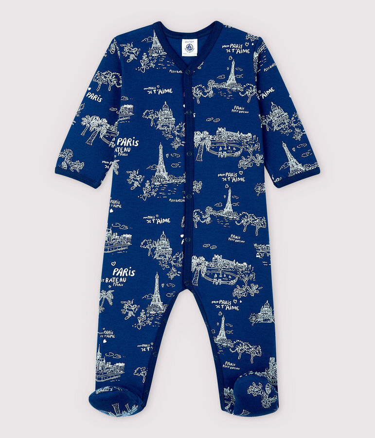 Pijama enterizo de tela de Jouy Par&iacute;s en tejido tubular de beb&eacute; azul/blanco