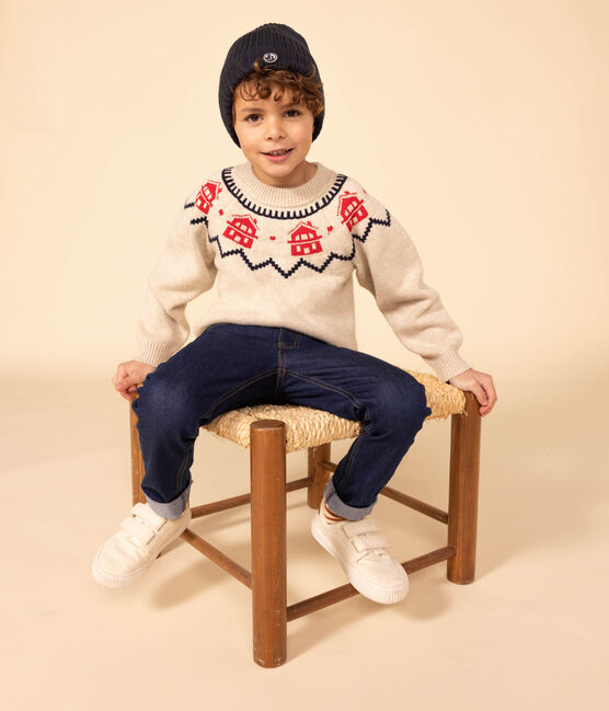 Jersey de jacquard de lana y algodón de niña/niño beige MONTELIMAR/blanco MULTICO