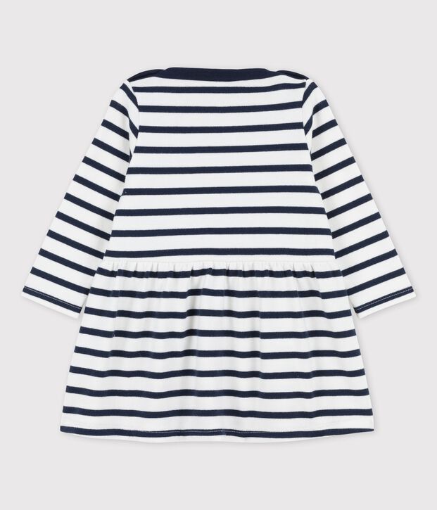 Vestido ic&oacute;nico de manga larga de jersey grueso ecol&oacute;gico de beb&eacute; blanco/azul