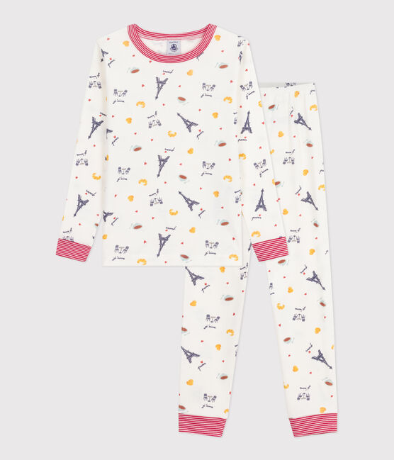 Pijama infantil de algodón con pierna muy ajustada y estampado de corazones blanco MARSHMALLOW/blanco MULTICO