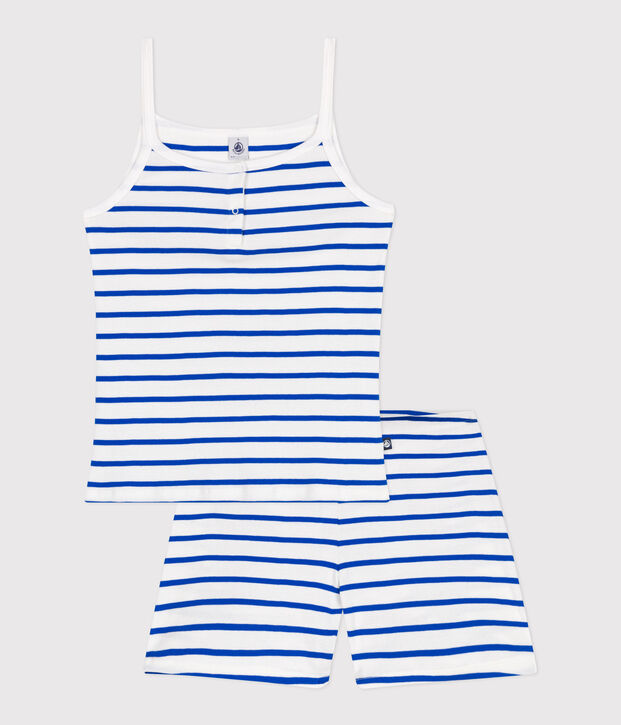 Pijama corto de algod&oacute;n de tirantes a rayas para mujer blanco/azul