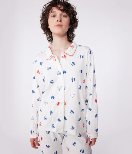 Pijama de mujer de algodón abotonado con estampado de corazones blanco MARSHMALLOW/blanco MULTICO