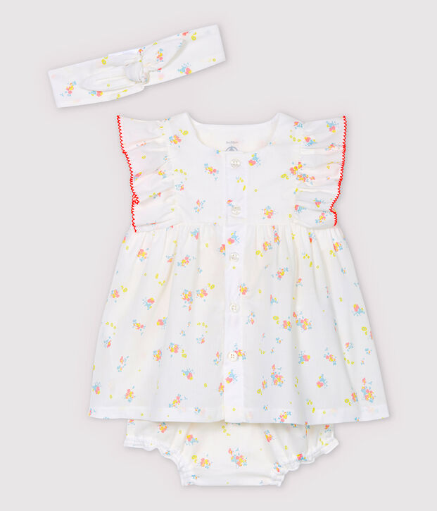 Vestido sin mangas con braguitas bloomer y diadema de beb&eacute; ni&ntilde;a en popelina de algod&oacute;n ecol&oacute;gico blanco/multicolor