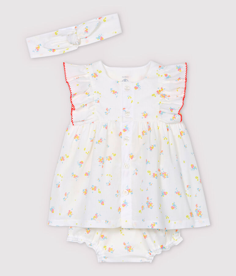 Vestido sin mangas con braguitas bloomer y diadema de beb&eacute; ni&ntilde;a en popelina de algod&oacute;n ecol&oacute;gico blanco MARSHMALLOW/blanco MULTICO