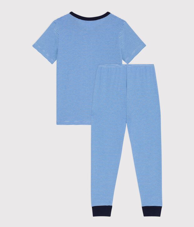 Pijama infantil de algod&oacute;n de manga corta y pierna larga a rayas azul/blanco