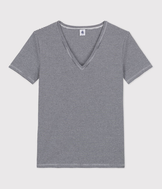 Camiseta ICONICA de algodón con cuello de pico para mujer azul SMOKING/blanco MARSHMALLOW