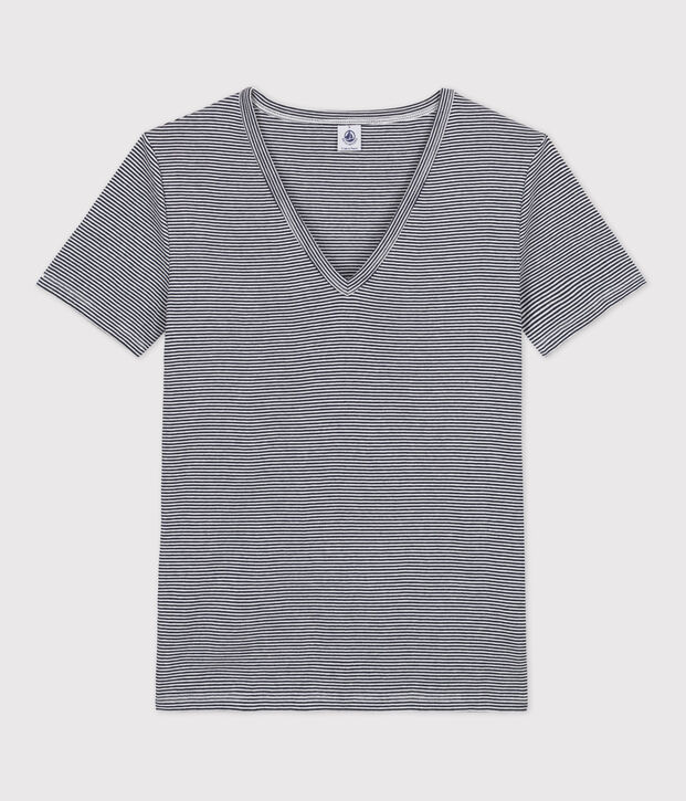 Camiseta ICONICA de algod&oacute;n con cuello de pico para mujer azul/blanco