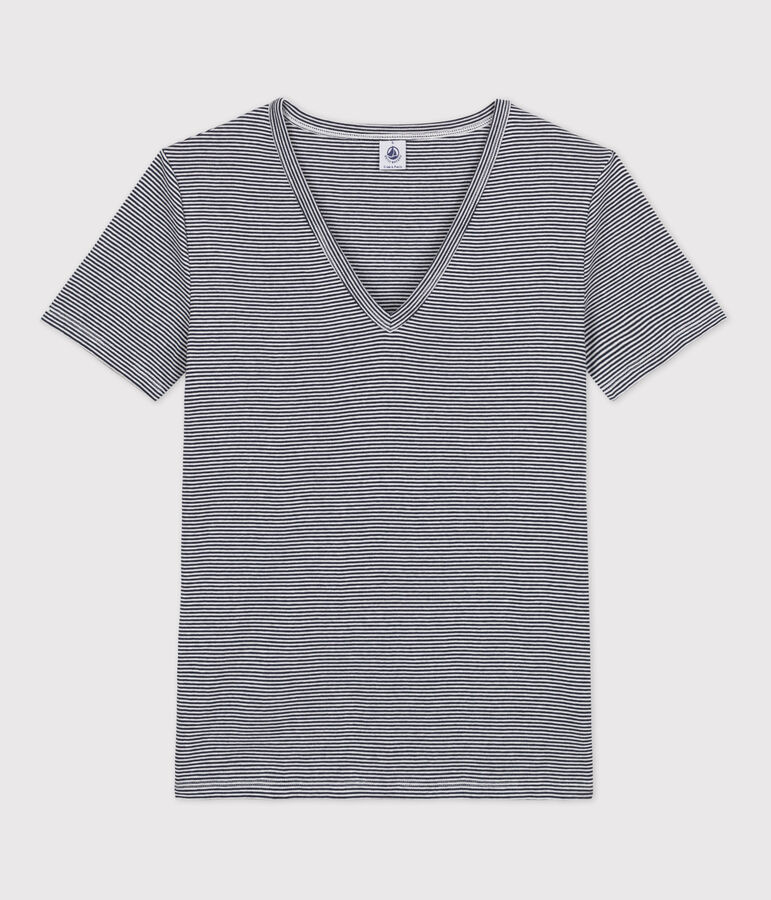 Camiseta ICONICA de algod&oacute;n con cuello de pico para mujer azul/blanco