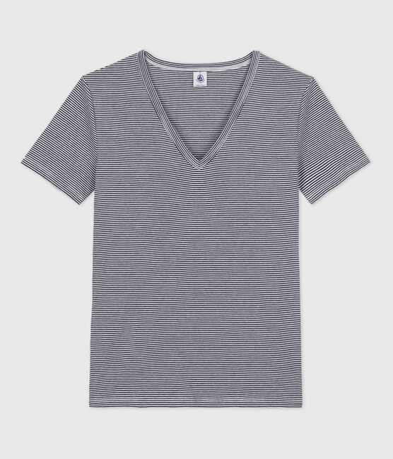 Camiseta L'ICONIQUE con cuello de pico de algodón orgánico de mujer azul SMOKING/blanco MARSHMALLOW