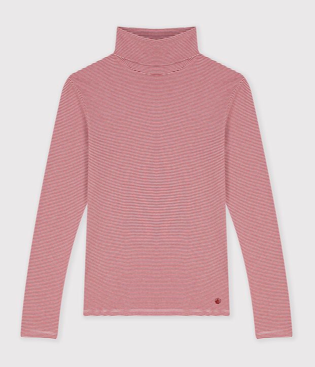 Camiseta de cuello alto de algod&oacute;n a rayas para mujer rojo/blanco