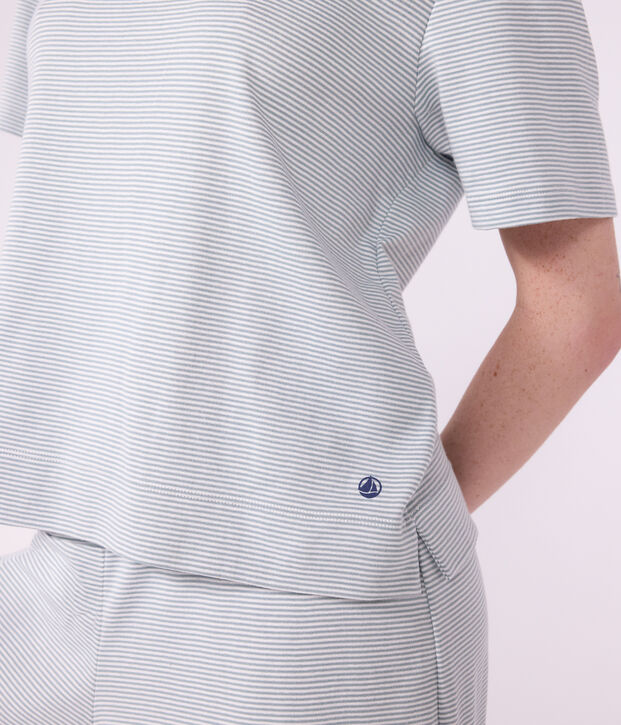 Pijama de algod&oacute;n a rayas de pernera ancha para mujer gris/blanco