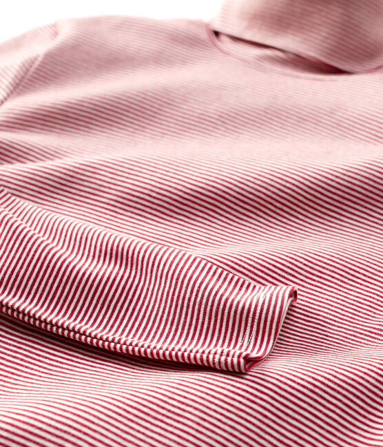 Camiseta de cuello alto emblemática de algodón de rayas de mujer rojo SANGRIA/ MARSHMALLOW