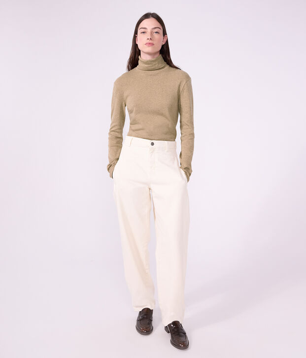 Camiseta lisa de cuello alto de algod&oacute;n para mujer beige
