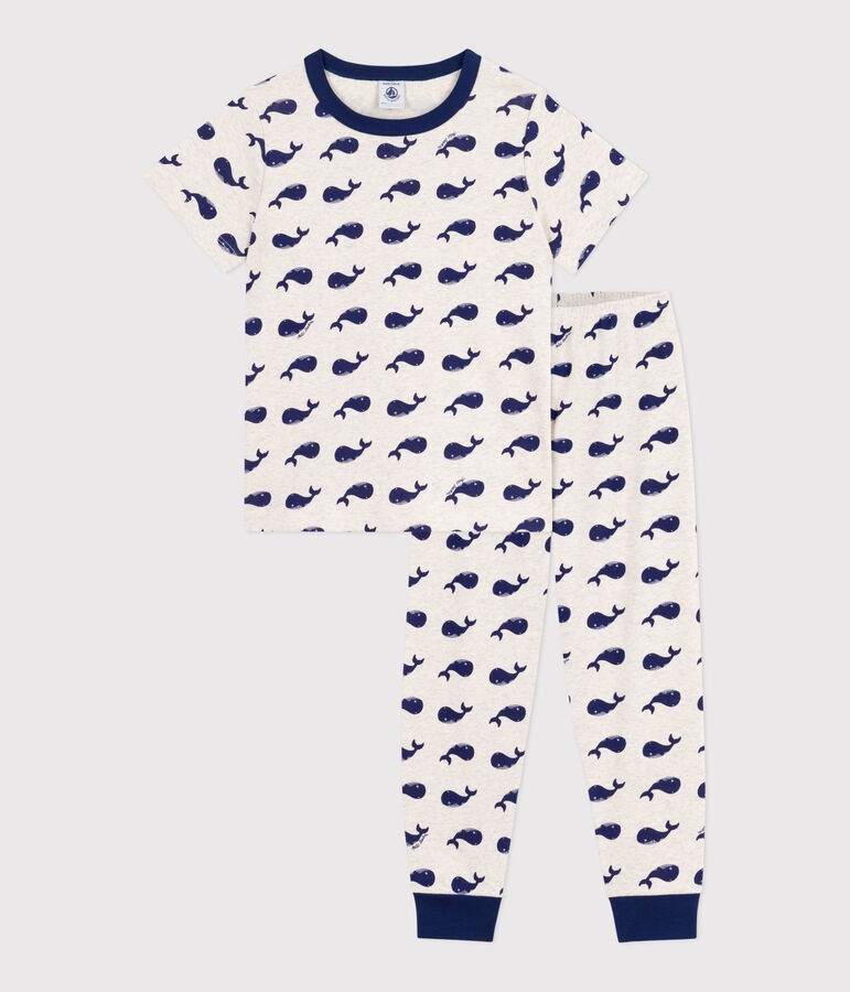 Pijama infantil de algod&oacute;n de manga corta y pierna larga con estampado beige/azul